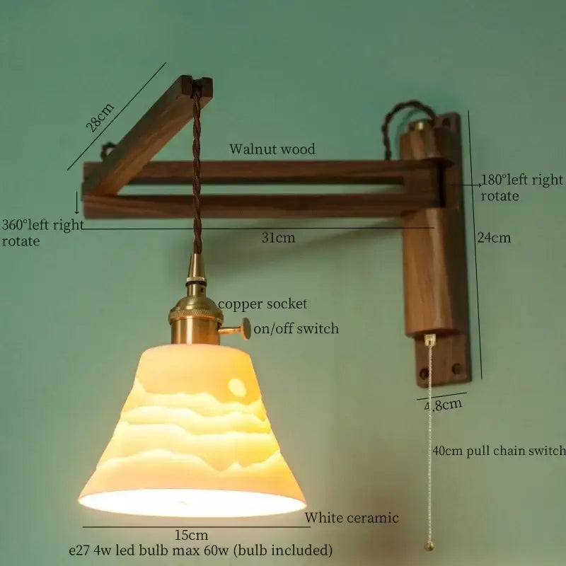 A warm-toned white ceramic led wall sconce with sunrise design on adjustable walnut arm and copper socket by decorbites ceramic led
