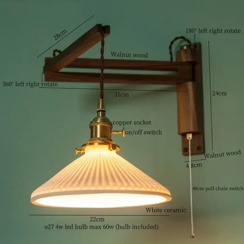 A warm-toned white ceramic led wall sconce with vertical ridges mounted on walnut wood arm and copper socket decorbites ceramic led