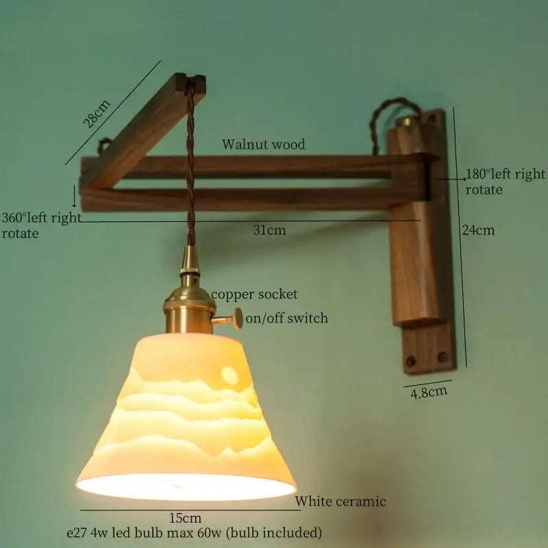 A warm-toned white ceramic led wall sconce with a sunrise design and walnut wood arm for decorbites ceramic led lighting