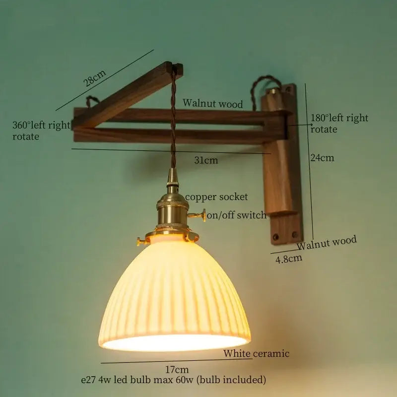 A warm-toned white ceramic led wall sconce with vertical ridges on walnut wood bracket for decorbites ceramic led lighting