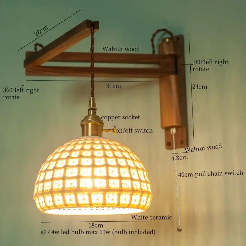A warm-toned ceramic led wall sconce with a geometric grid pattern, walnut arm, and copper socket for bedroom decorbites decor