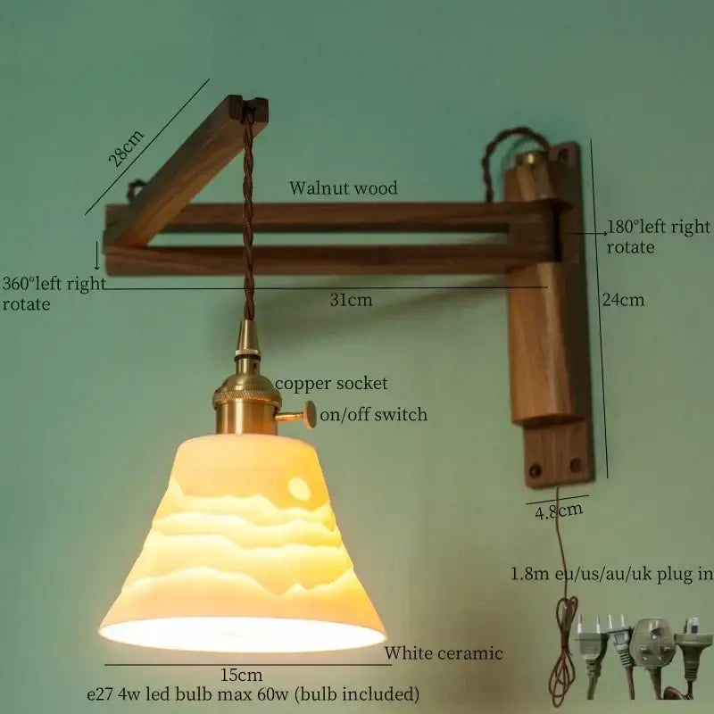 A warm-toned white ceramic led wall sconce with a sunrise design on walnut wood bracket by decorbites ceramic led