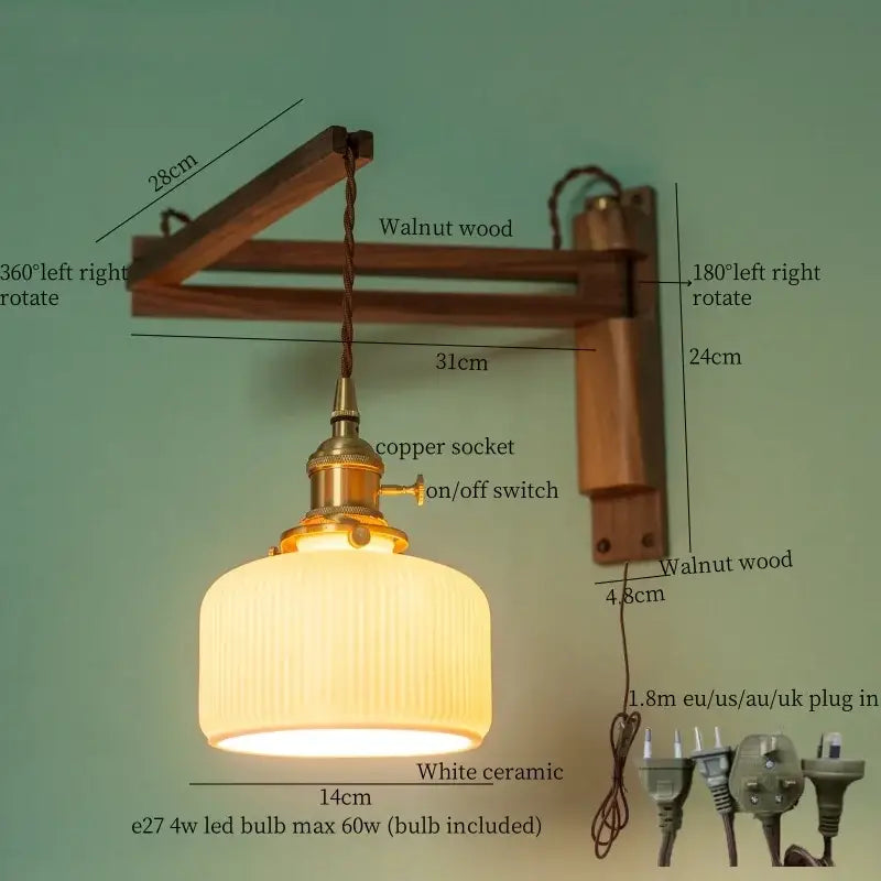 A warm white ceramic led wall sconce with vertical ridges hangs from a walnut wood bracket for bedroom decorbites ceramic led