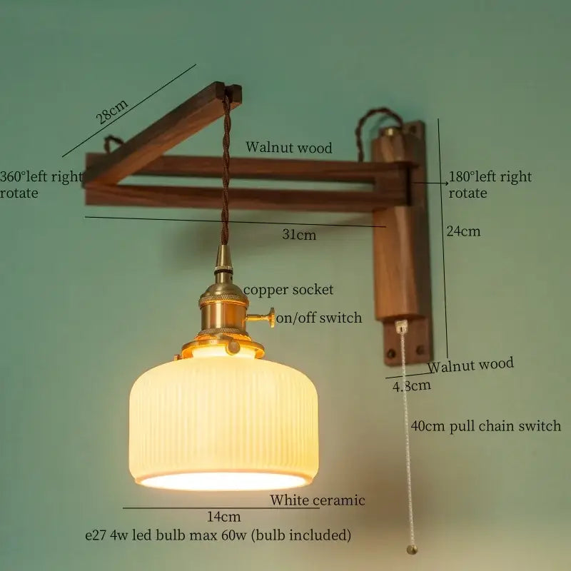 A warm white ceramic led wall sconce with vertical ridges and walnut wood arm for bedroom decorbites ceramic led lighting