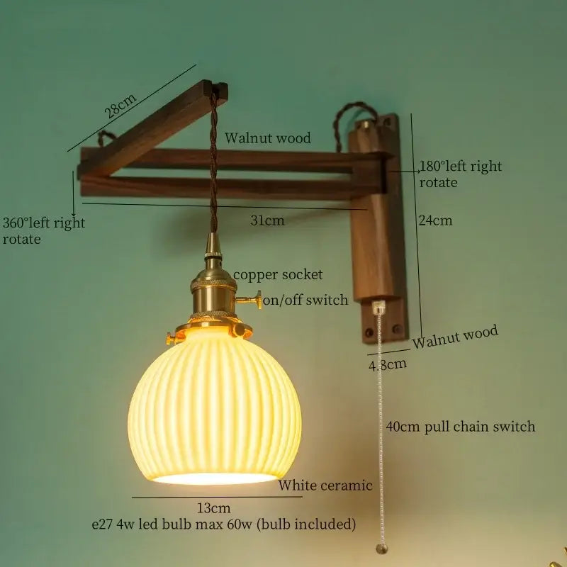 A warm ribbed white ceramic led wall sconce with brass copper socket and walnut wood arm for bedroom decorbites ceramic led