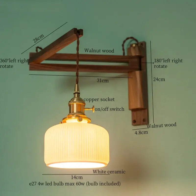 A warm white ribbed ceramic led wall sconce with brass socket and walnut wood bracket for bedroom decorbites ceramic led