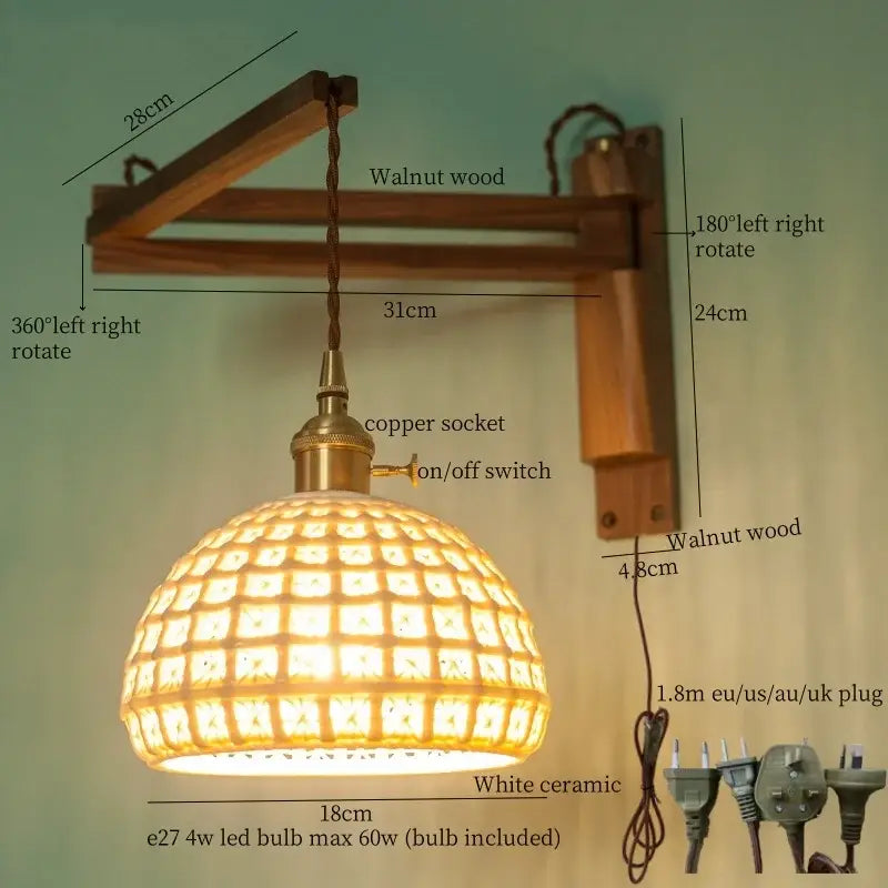 Warmly glowing white ceramic led wall sconce with geometric grid pattern suspended by copper and walnut bracket