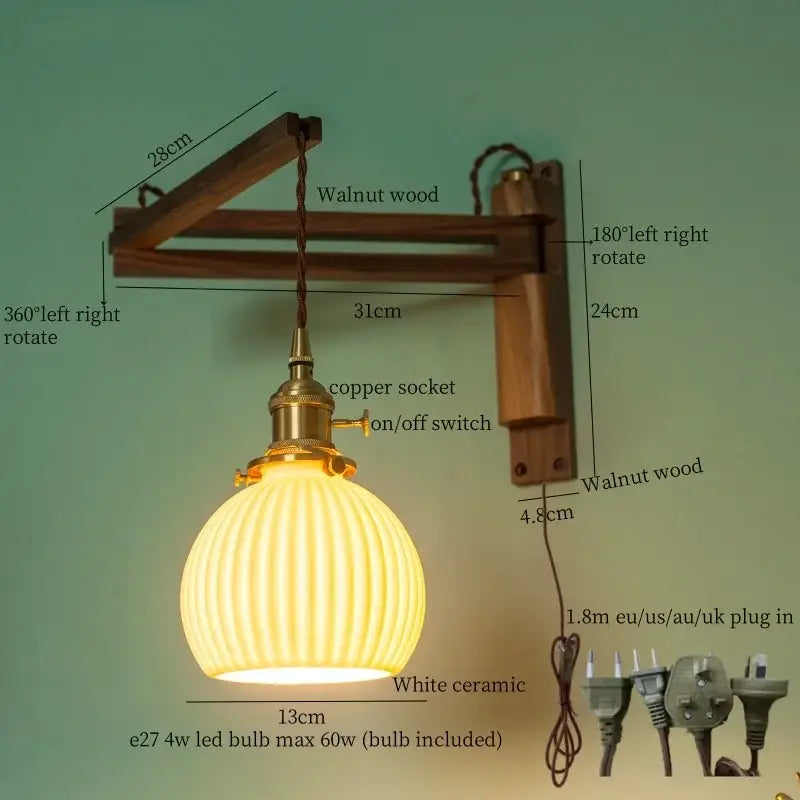 A warm-glowing white ceramic led wall sconce with vertical ridges and walnut wood arm for bedroom decorbites ceramic led