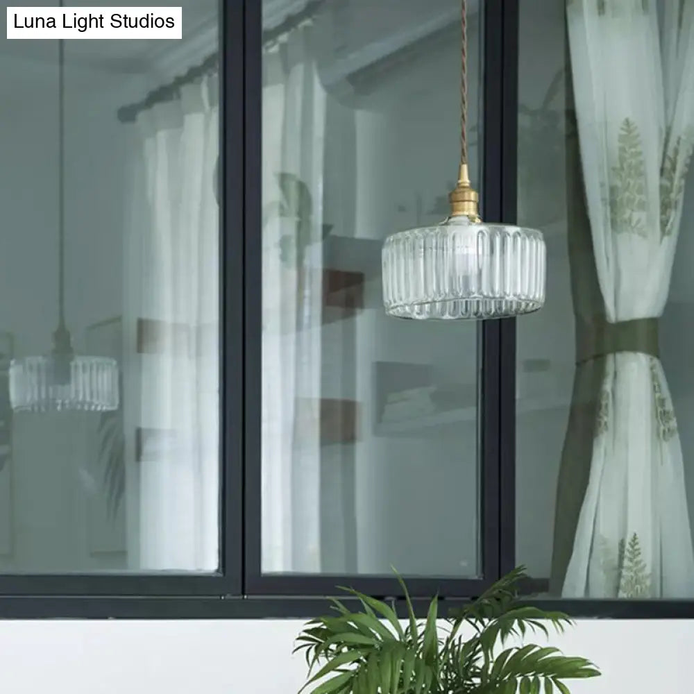 Ribbed Glass Brass Pendulum Light - Warehouse Suspension Lamp