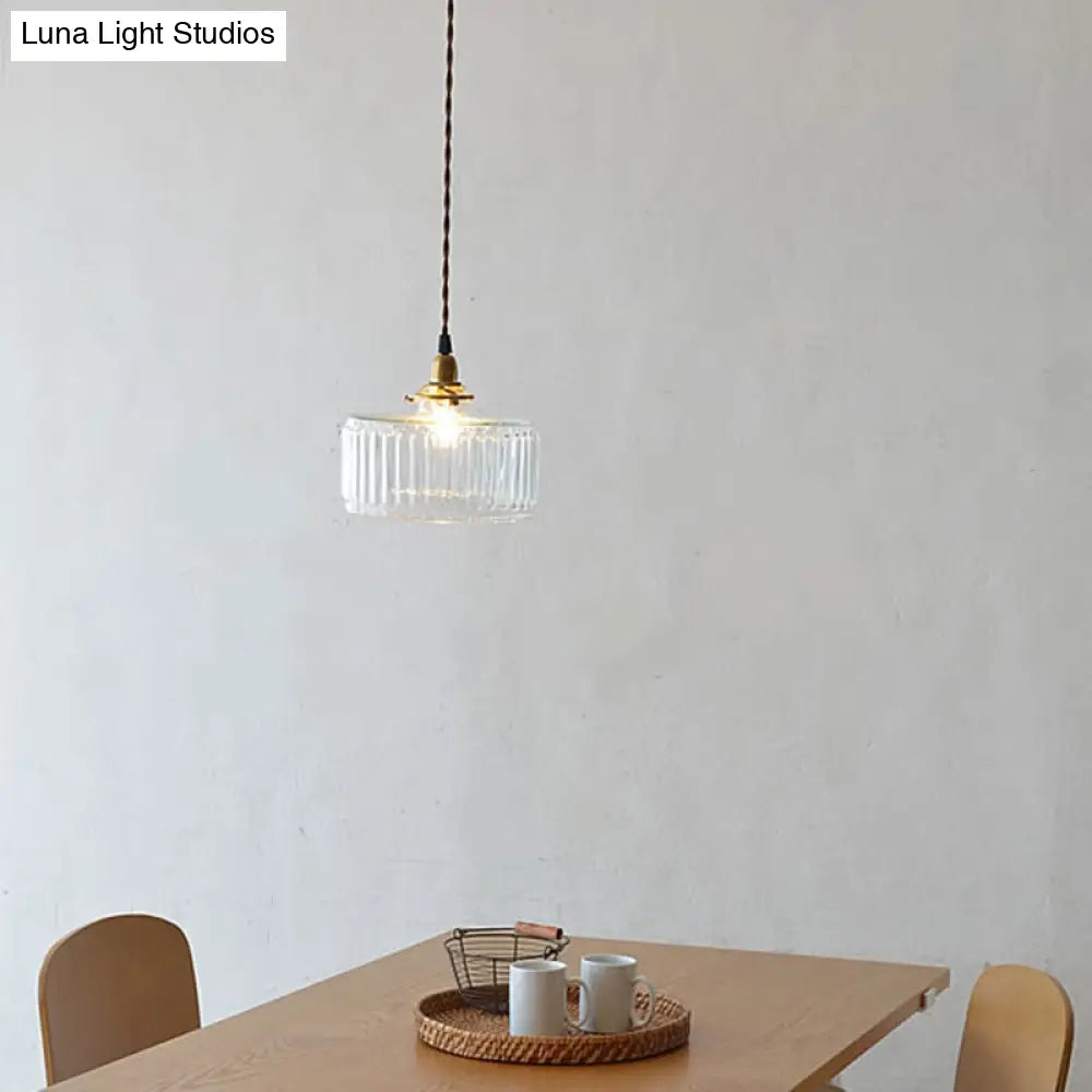 Ribbed Glass Brass Pendulum Light - Warehouse Suspension Lamp