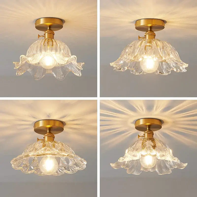 Clear glass flower-shaped ceiling light with brass fixture for dining room glass copper led copper led ceiling chandelier