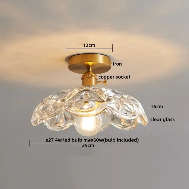 A clear glass flower-shaped ribbed glass copper led ceiling light with brass iron base and copper led ceiling socket