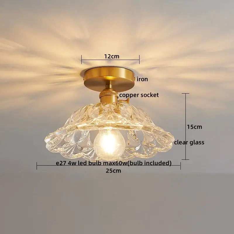 Delicate clear glass copper led ceiling light with ribbed design, brass iron base, and copper socket for dining room chandelier