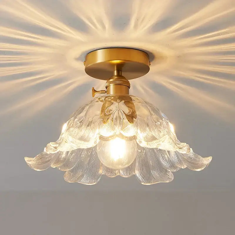 A delicate ribbed glass copper led ceiling light with gold-toned accents and warm glow for dining room chandelier