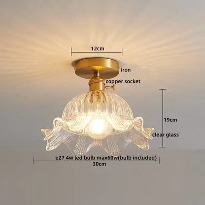 Delicate clear glass flower-shaped ceiling light with brass iron base and copper led ceiling socket for dining room