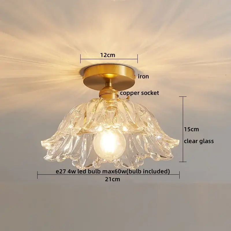 A delicate ribbed glass copper led ceiling light with brass-finished iron base and copper socket for dining room
