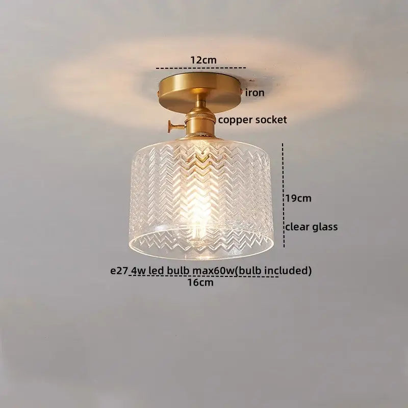 Vintage-style ribbed glass copper led ceiling light with brass iron base and chevron pattern shade for dining room chandelier
