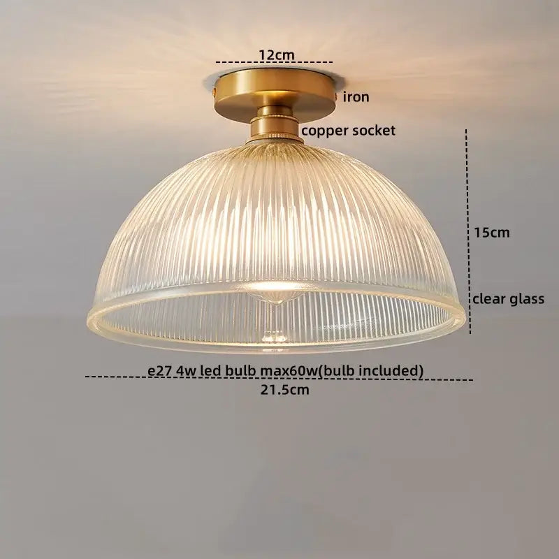 Vintage-style ceiling light with brass iron base copper led ceiling and clear ribbed glass shade for dining room chandelier