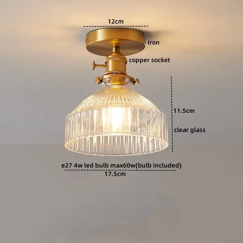 Vintage-style ribbed glass copper led ceiling light with brass-finished iron and copper socket for dining room chandelier