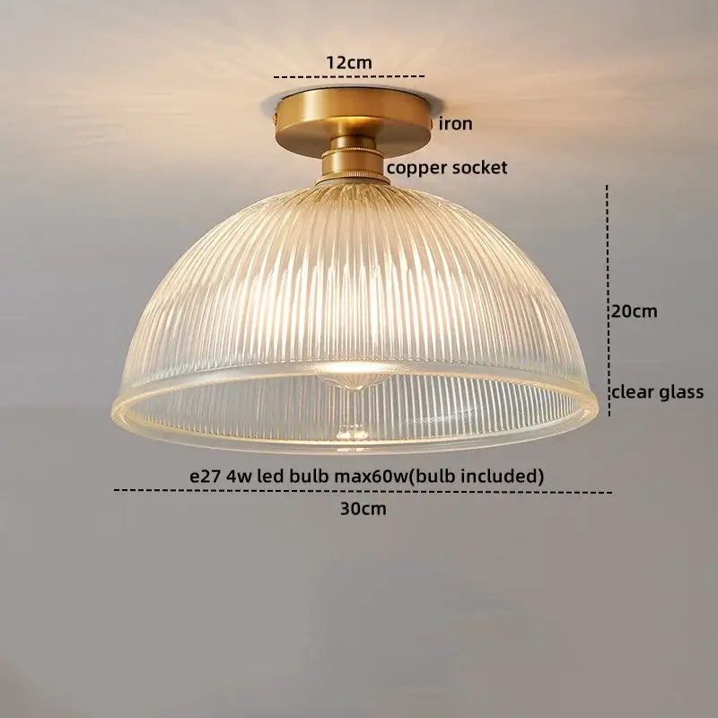 Vintage-style ceiling light with brass iron base copper led ceiling and clear ribbed glass shade for dining room