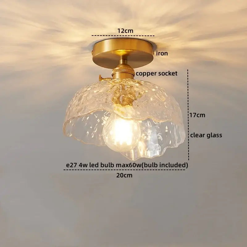 Vintage-style ribbed glass copper led ceiling light with brass iron base and clear textured shade for dining room chandelier
