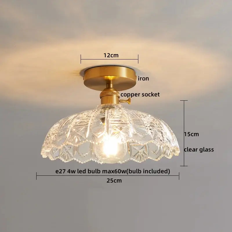 Vintage-style ceiling light with brass iron base copper led ceiling and ribbed clear glass copper led shade chandelier