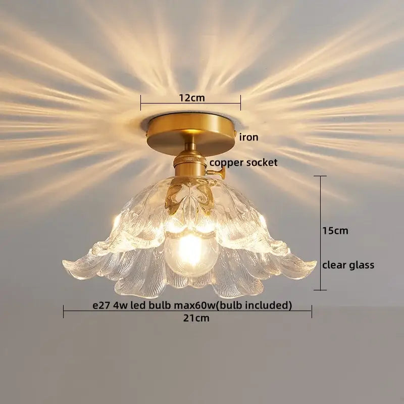 Vintage-style ribbed glass copper led ceiling light with brass iron base and clear glass petals for dining room chandelier