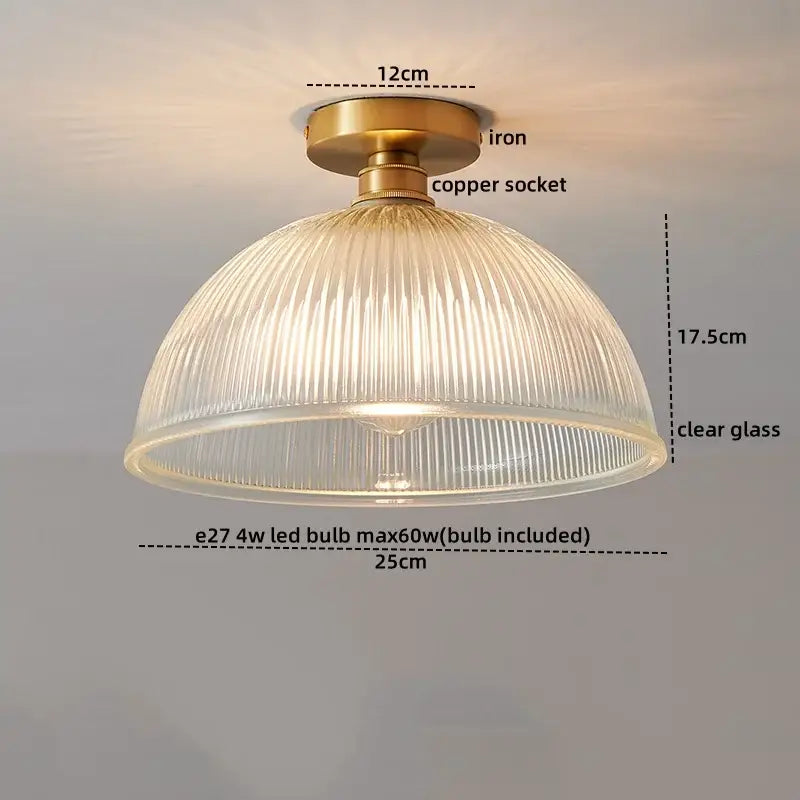 Vintage-style ribbed glass copper led ceiling light with brass iron base and clear glass shade for dining room chandelier