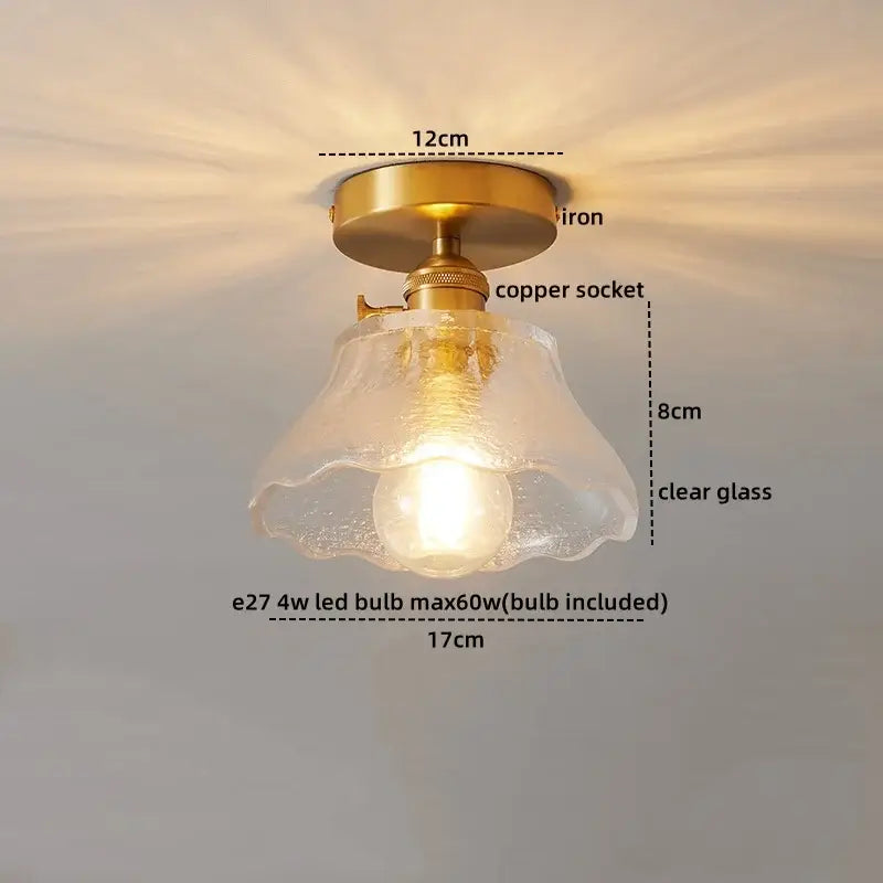 Vintage-style ceiling light with brass iron base copper socket and clear textured glass shade glass copper led ceiling light