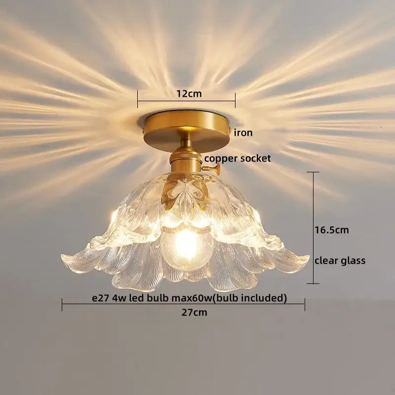 Vintage-style ceiling light with brass iron base, glass copper led petals, and copper led ceiling fixture for dining room