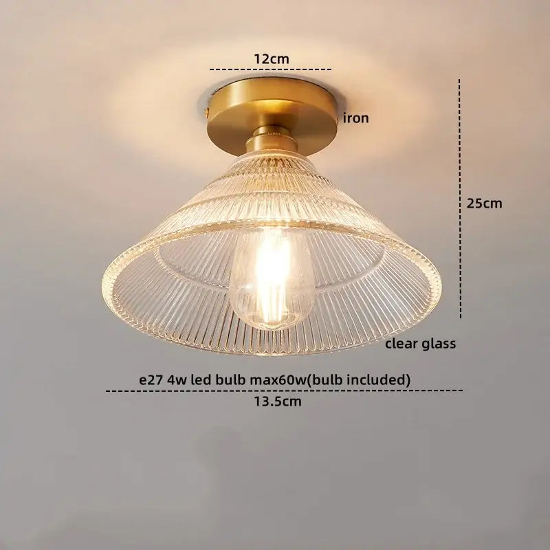 Vintage-style ceiling light with brass iron base and clear ribbed glass shade copper led ceiling for dining room