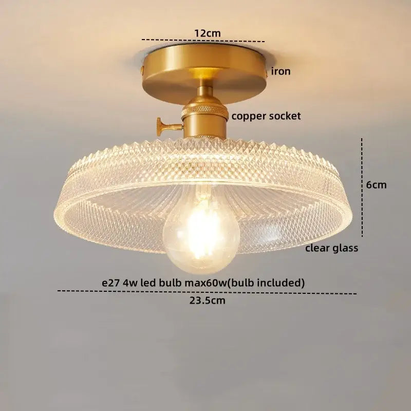 Vintage-style ceiling light with brass iron base copper led ceiling and ribbed clear textured glass shade for dining room