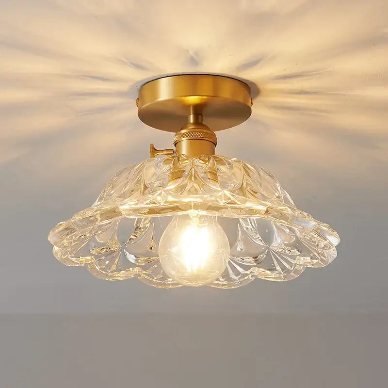 Vintage-style ceiling light with brass metal base and ornate ribbed glass copper led shade for dining room chandelier