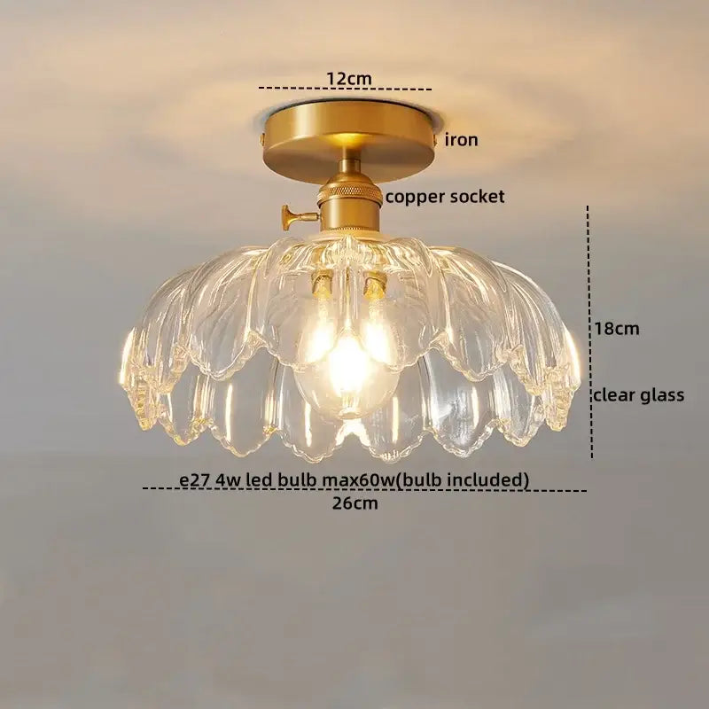 Vintage-style ribbed glass copper led ceiling light with brass iron base and flower-like clear glass petals chandelier