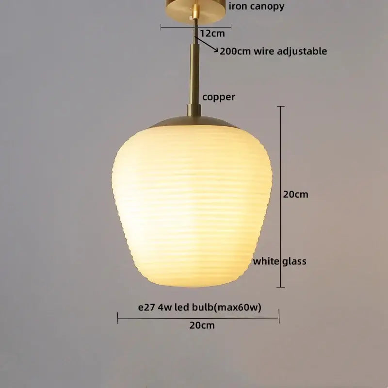Warmly glowing ribbed glass copper led pendant chandelier with iron canopy and adjustable wire for dining room lighting