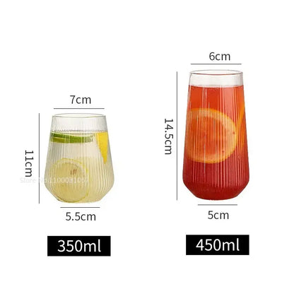 Two clear ribbed glass cups of different sizes from a glass cup set with bamboo lid and straw for kitchen dining