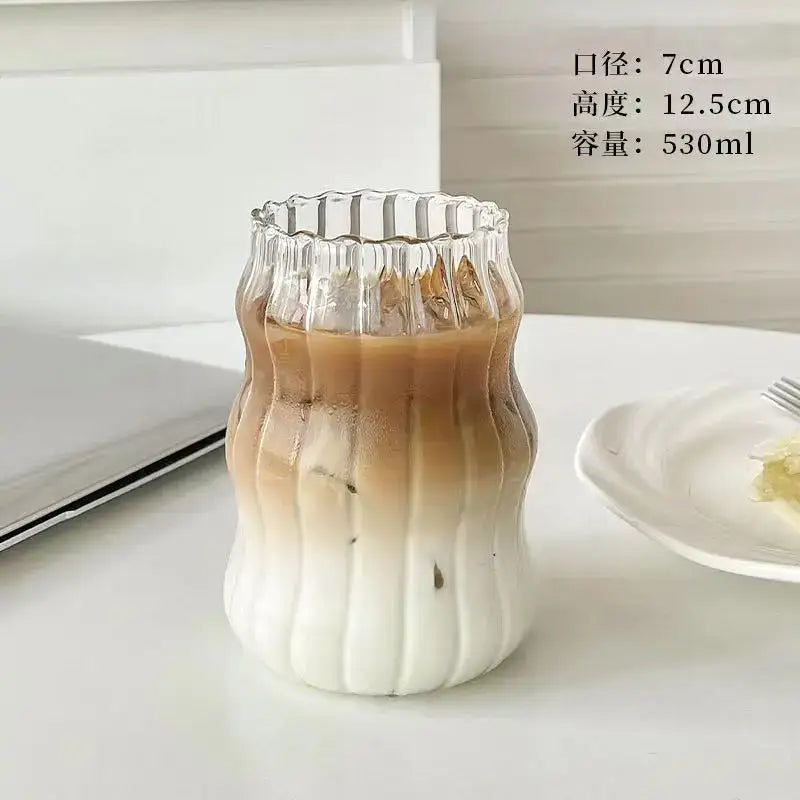 Clear glass cup with fluted ribbed design 7cm diameter with bamboo lid and lip straw for decorbites glass cup collection