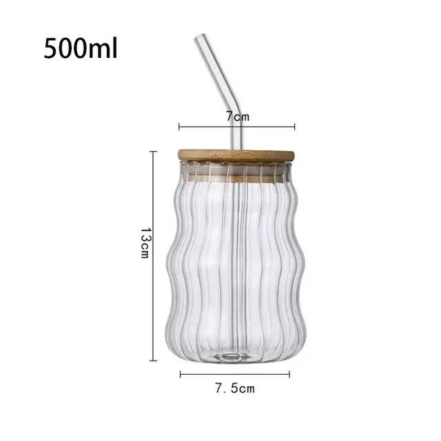 Clear glass cup with ribbed texture bamboo lid and clear lip straw from decorbites glass kitchen tumbler collection