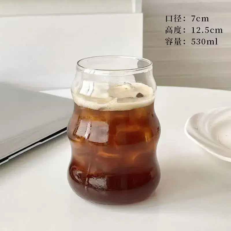 Clear glass cup with bamboo-inspired ribbed texture 7cm diameter featuring a lip straw decorbites glass tumbler