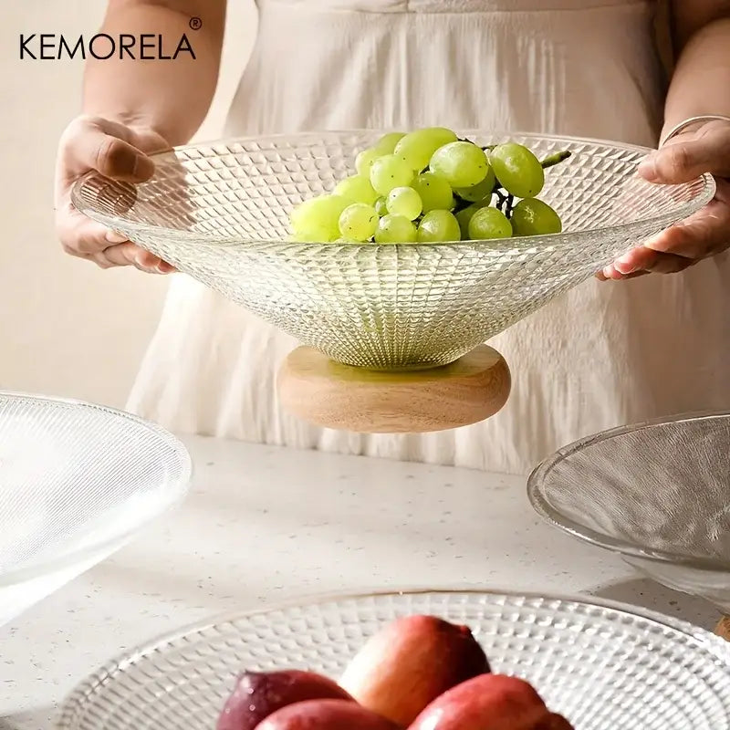 Clear glass ribbed fruit plate with textured diamond pattern and wooden base by Kemorela for living room decorbites creative glass