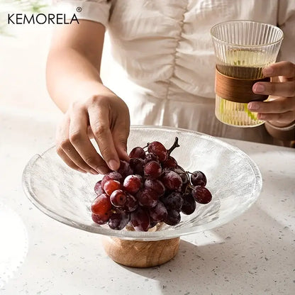 Clear glass fruit plate with frosted ribbed finish and wooden base by decorbites creative glass for living room decor