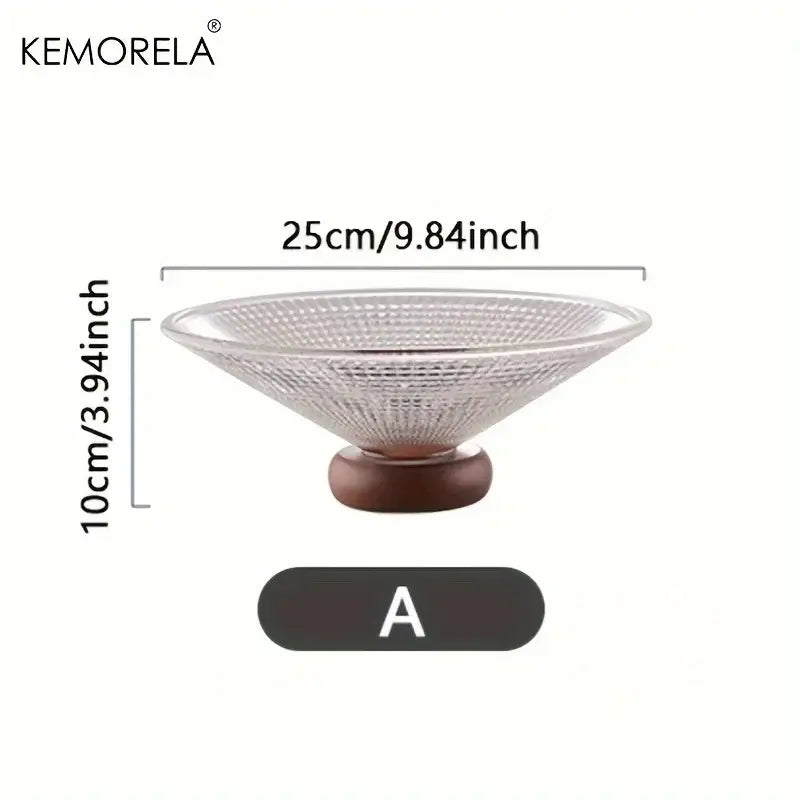 Clear glass ribbed fruit plate with diamond texture and dark brown wooden base by decorbites creative glass for living room