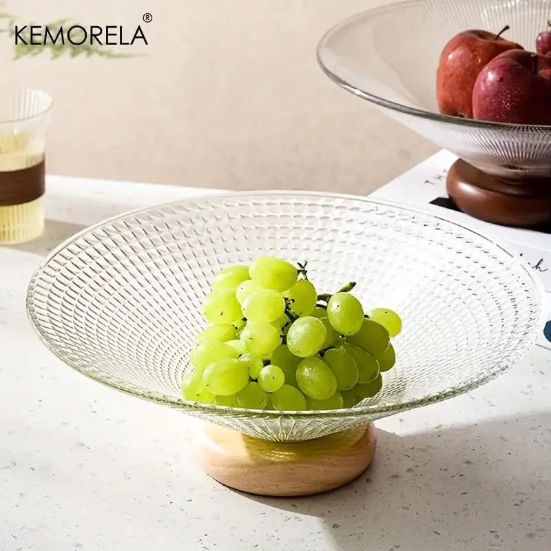 Clear glass fruit plate with diamond-patterned ribbed surface and wooden base by decorbites creative glass for dining room