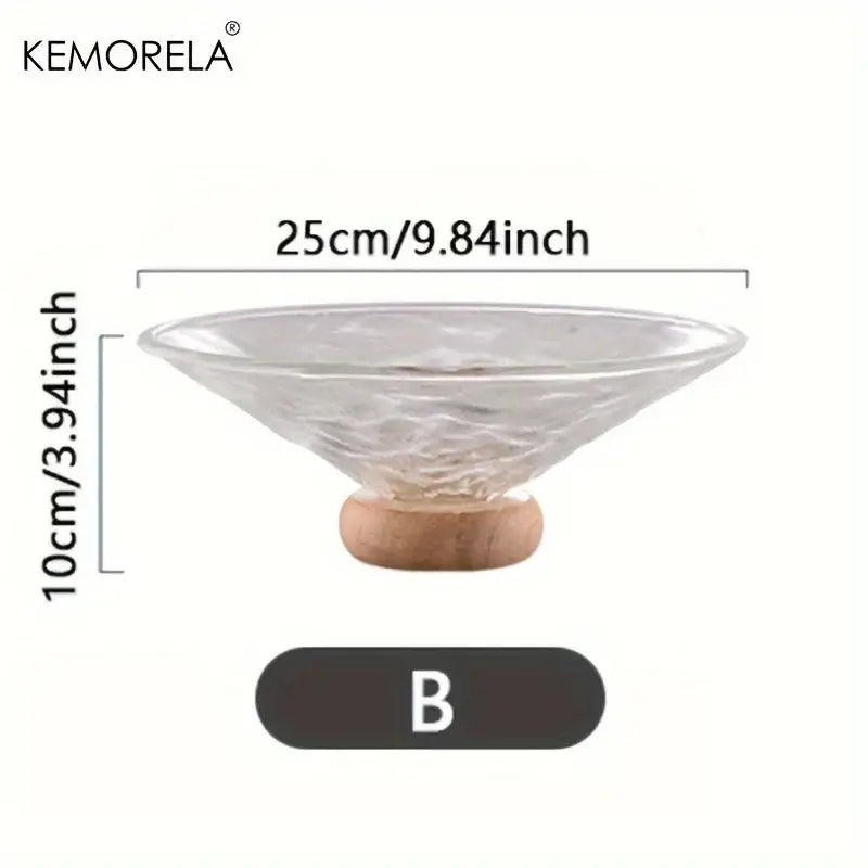 Clear ribbed glass fruit plate with wooden base by kemorela ideal for living room dining room decorbites creative glass
