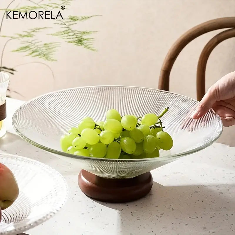 Clear glass ribbed fruit plate with wooden base by kemorela ideal for living room dining room decorbites creative glass