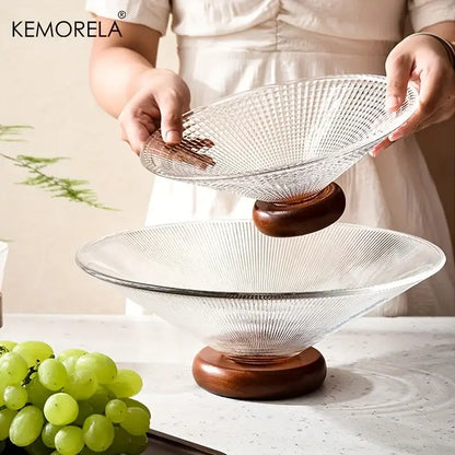 Clear glass ribbed fruit plate with a polished wooden base by decorbites creative glass for living room dining room decor