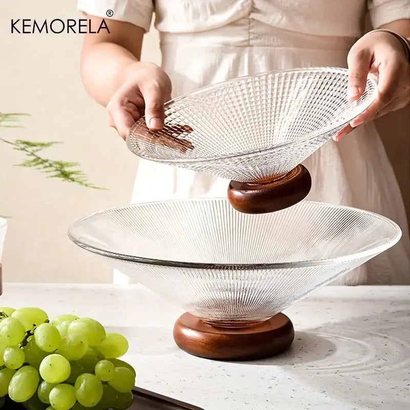 Clear glass ribbed fruit plate with a polished wooden base by decorbites creative glass for living room dining room decor