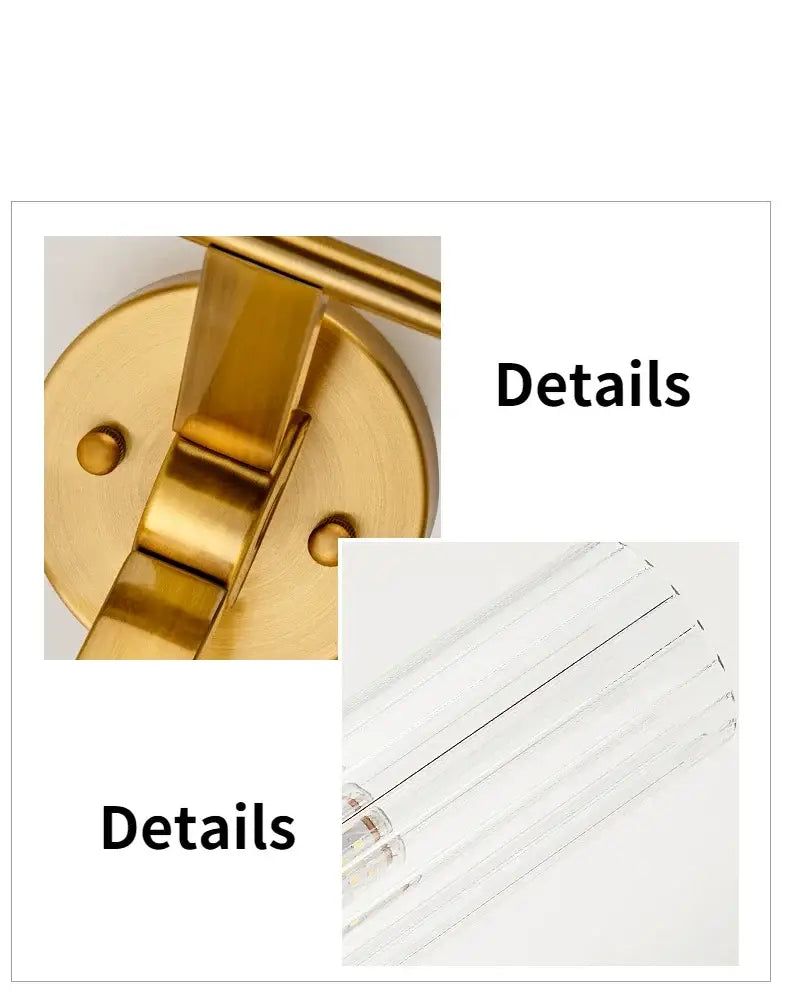 Gold finished metal bracket with clear glass rods for decorbites gold led ribbed glass gold led wall lights bedroom use