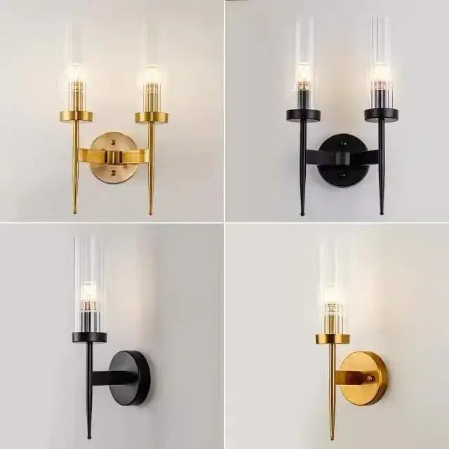 Modern minimalist ribbed glass gold led wall lights with sleek cylindrical shades in gold and black finishes for bedroom decor