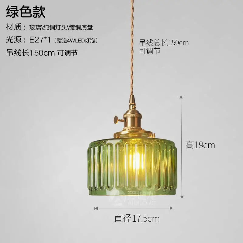 Green ribbed glass pendant light with brass hardware and adjustable cord ideal as a bedroom glass pendant light